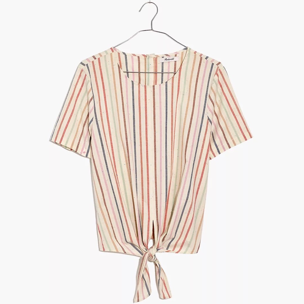 Button-Back Tie Tee in Rainbow Stripe